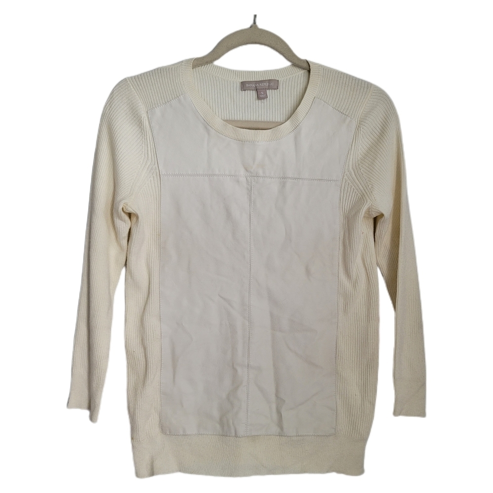 Banana Republic Sweater Womens S Small Beige Long Sleeve Faux Leather Front